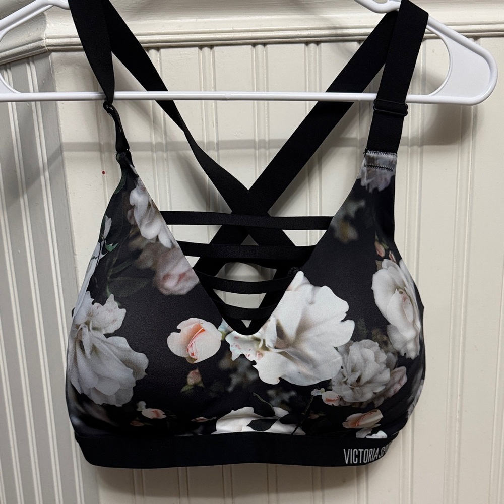 Victoria's Secret Black and White Floral Cross-Strap sports bra